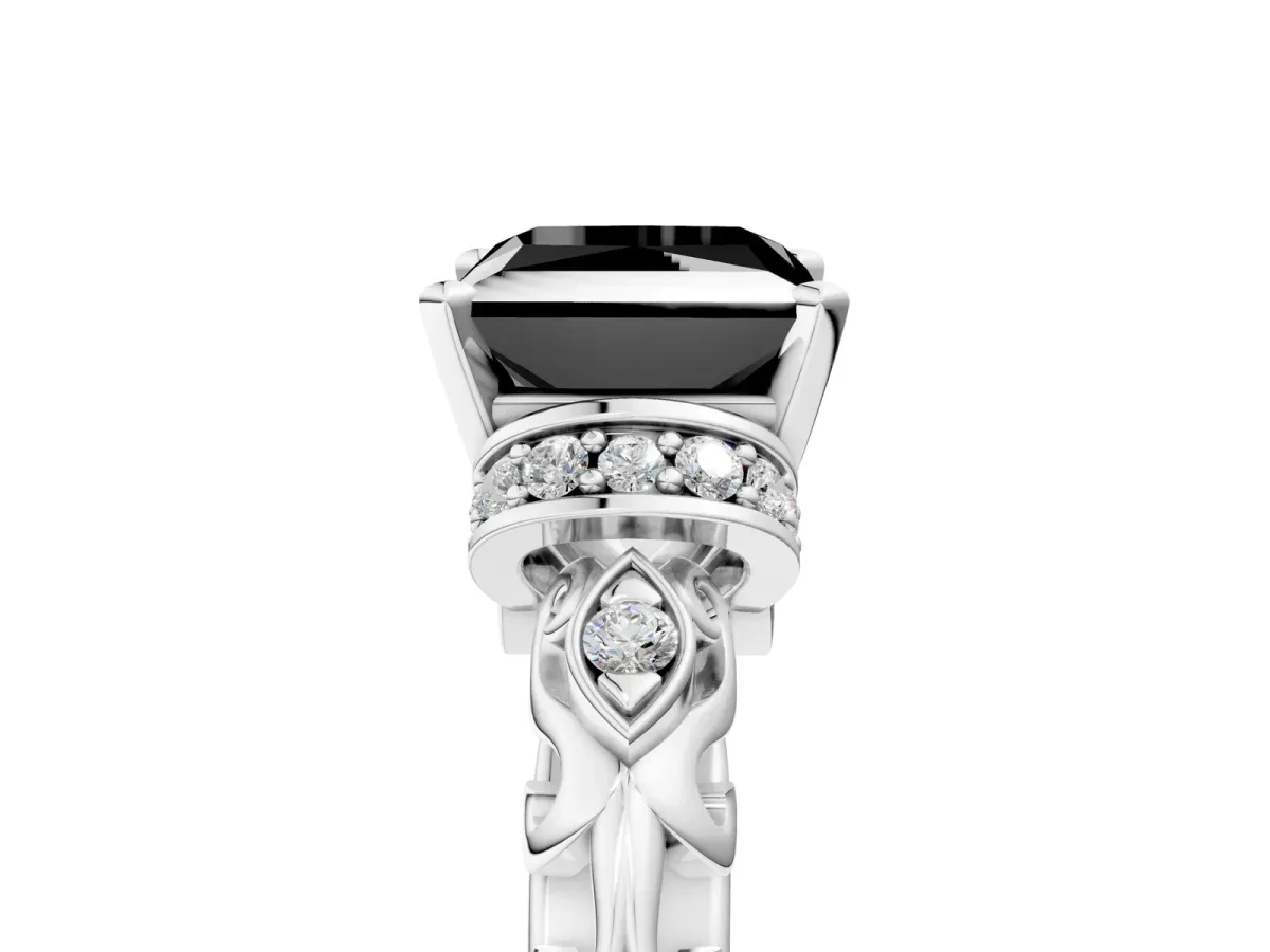Fancy Black Princess Cut Diamond Solitaire Ring with Filigree Band and Four-Prong Setting Silver