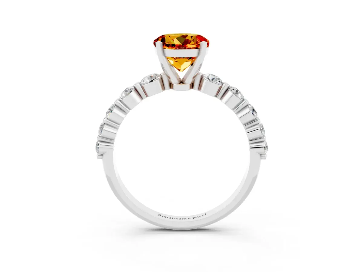 Round Cut Solitaire Citrine Ring with Pave Band and Four-Prong Setting Silver