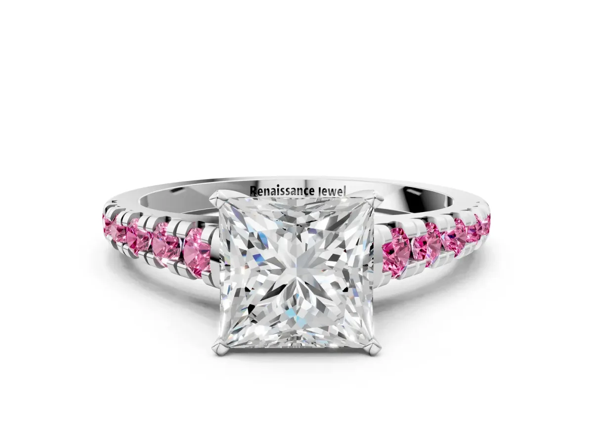 Princess Cut Diamond Cathedral Solitaire Ring with Round Pink Sapphire Pavé Band White gold