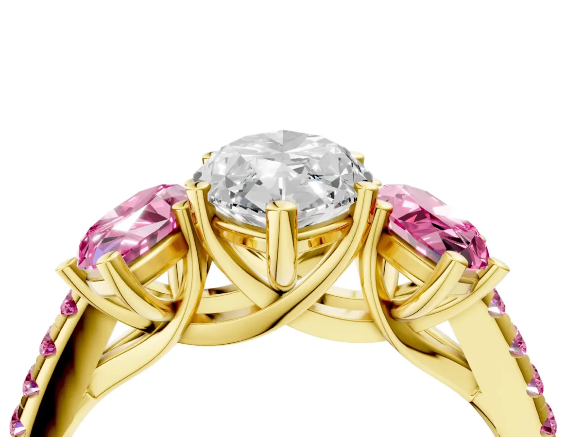 Three-Stone Marquise Cut Diamond Ring with Round Pink Sapphire Pavé Band and Prong Setting Yellow gold