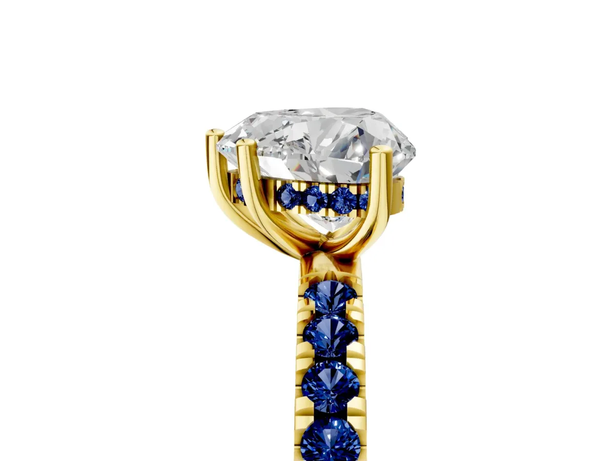 Heart Cut Diamond Pave Band Solitaire Ring with Round Blue Sapphire and Prong Setting Yellow gold