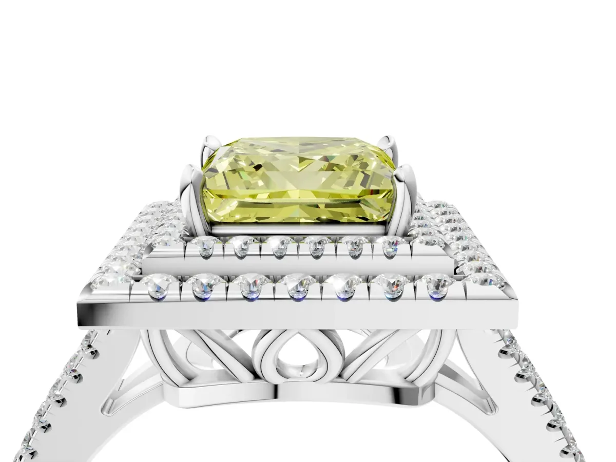 Fancy Yellow Princess Cut Diamond Double Halo Ring with Pavé Band and Prong Setting White gold