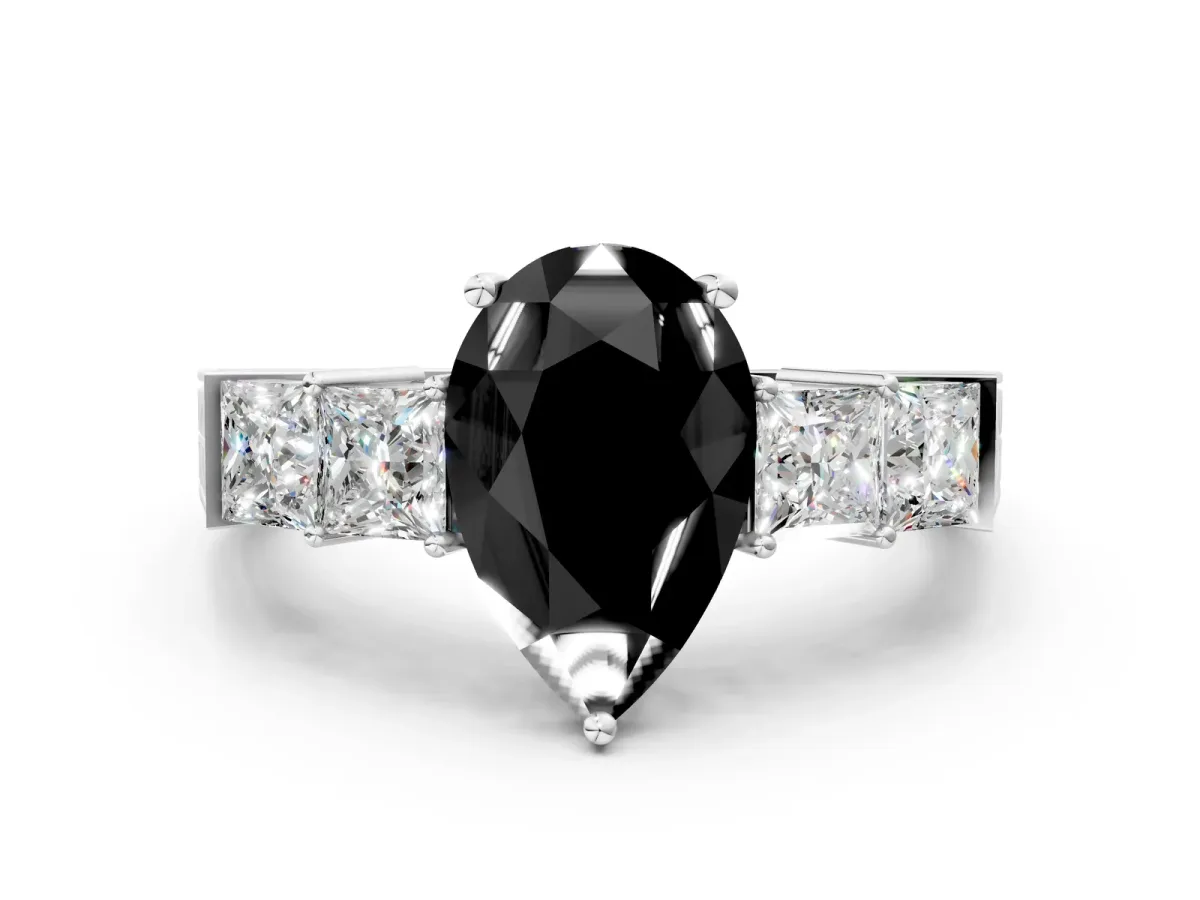 Fancy Black Pear Cut Solitaire Princess Side Stone Engraved Band Prong Setting Ring Silver
