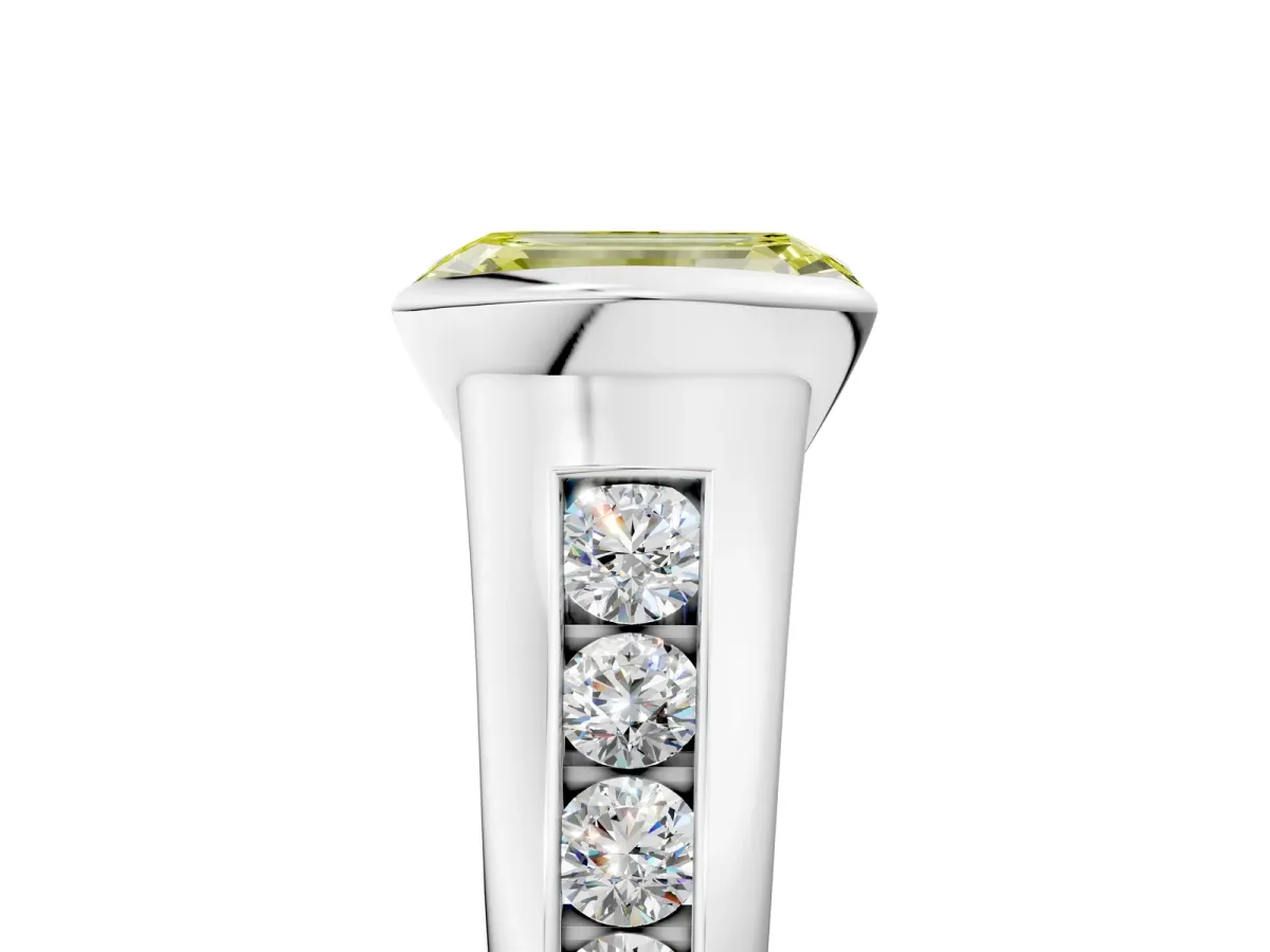 Fancy Yellow Emerald Cut Solitaire Bezel-Set Diamond Ring with Channel-Set Band Platinum