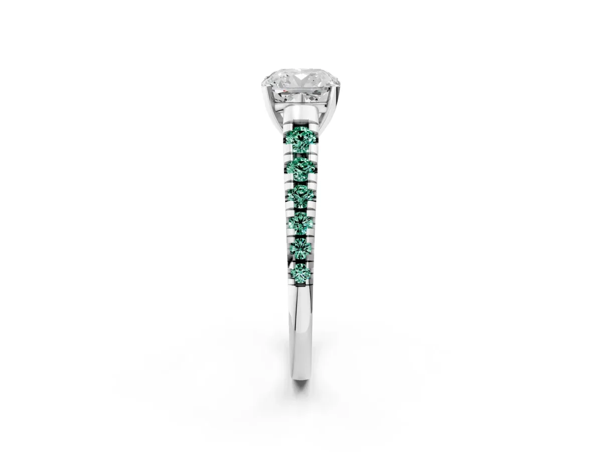 Cushion Cut Diamond Cathedral Solitaire Ring with Round Green Sapphire Pavé Band White gold