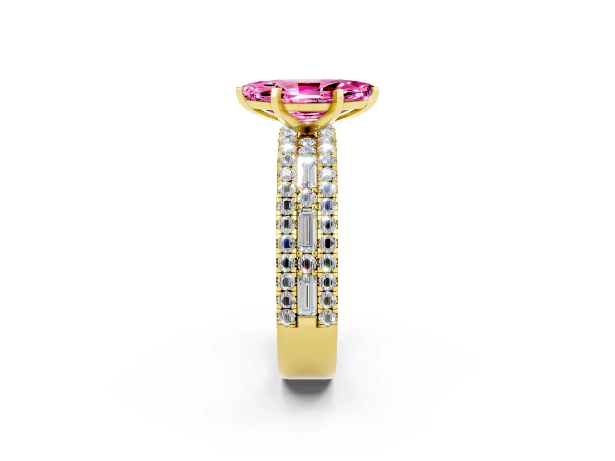 Marquise Cut Pink Sapphire Solitaire Ring with Pavé and Channel Set Band Yellow gold