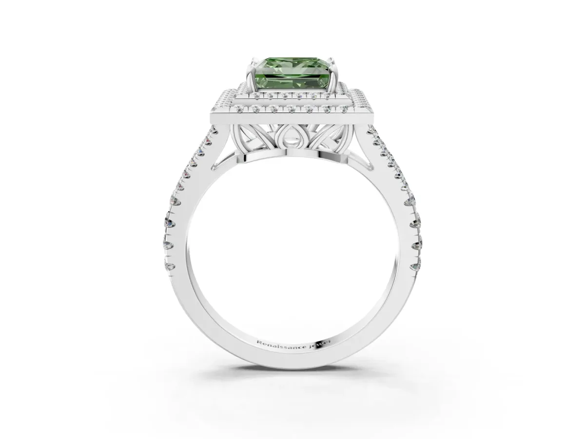 Fancy Green Princess Cut Diamond Double Halo Ring with Pavé Band and Prong Setting White gold