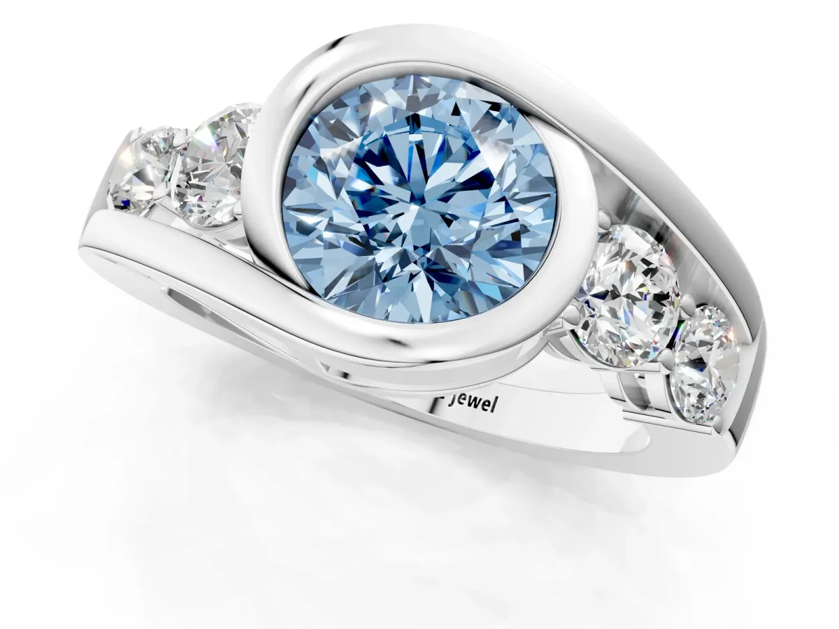 Fancy Blue Bezel Set Round Cut Diamond Bypass Ring with Round Accents Silver