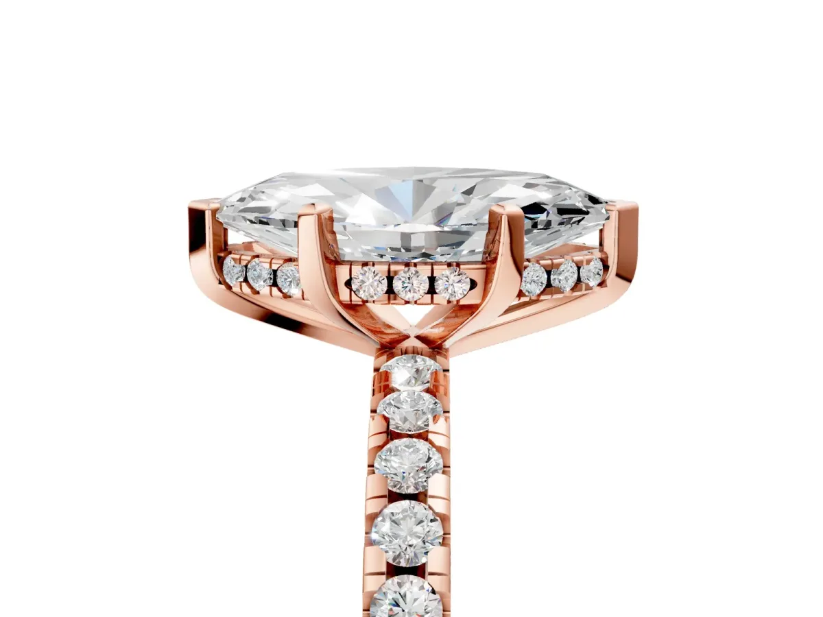 Marquise Cut Diamond Solitaire Ring with Round Moissanite Pavé Band and Four-Prong Setting Rose gold