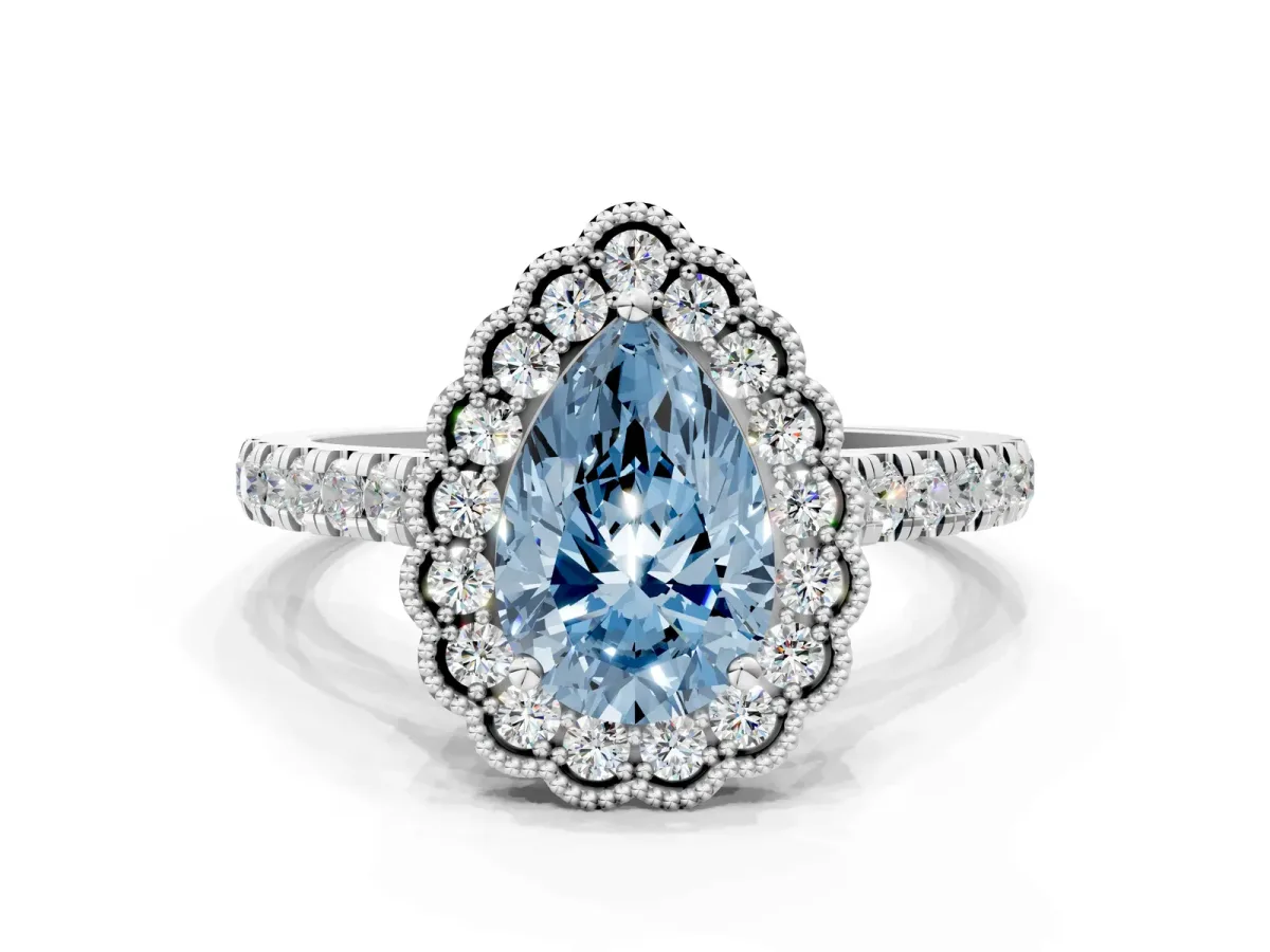 Fancy Blue Pear Cut Cut Diamond Milgrain Floral Halo Engagement Ring with Pavé Band Silver