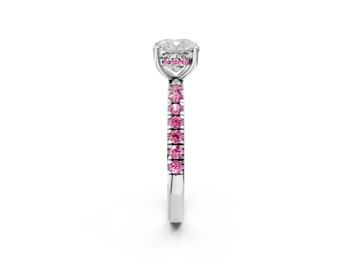 Cushion Cut Diamond Pave Band Solitaire Ring with Round Pink Sapphire and Prong Setting White gold