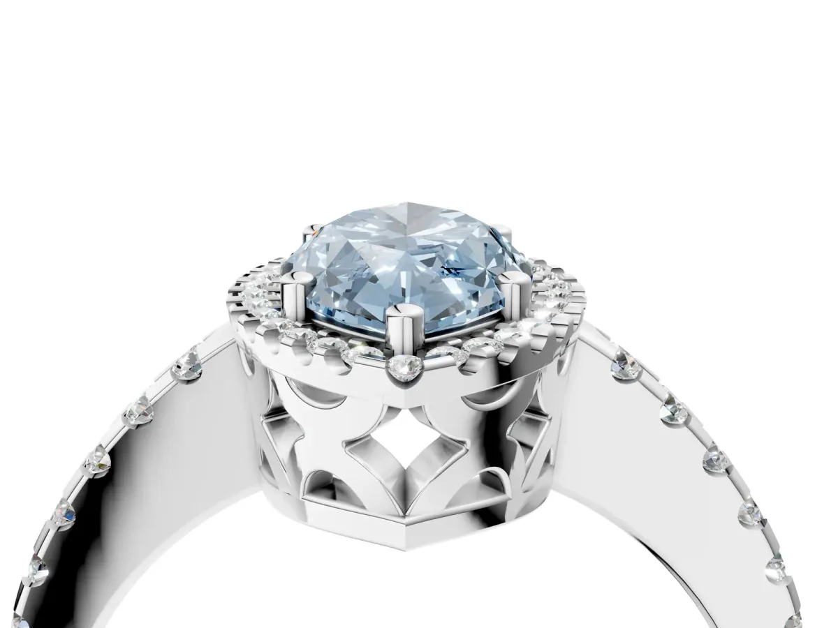Fancy Blue Marquise Cut Diamond Halo Engagement Ring with Pavé Band and Prong Setting White gold