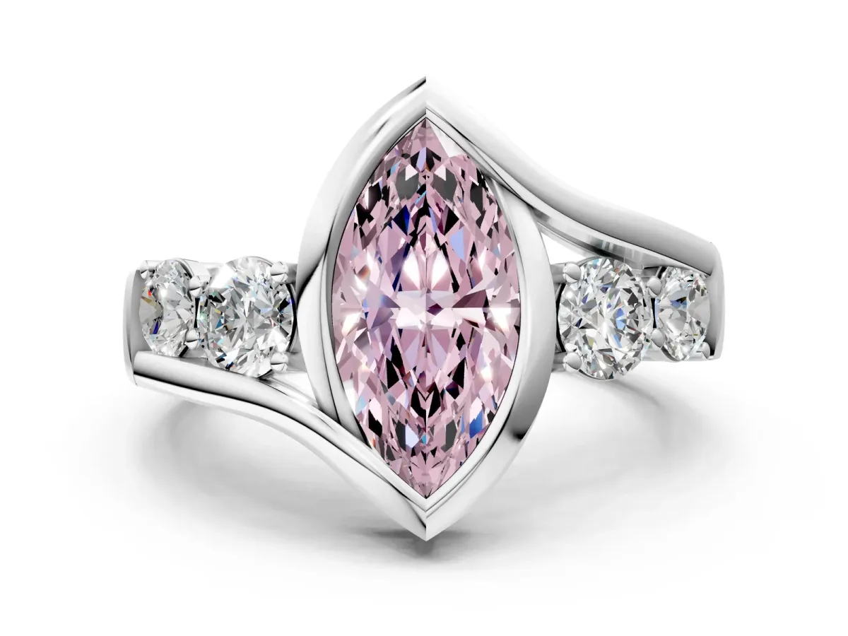 Fancy Pink Bezel Set Marquise Cut Diamond Bypass Ring with Round Accents Platinum