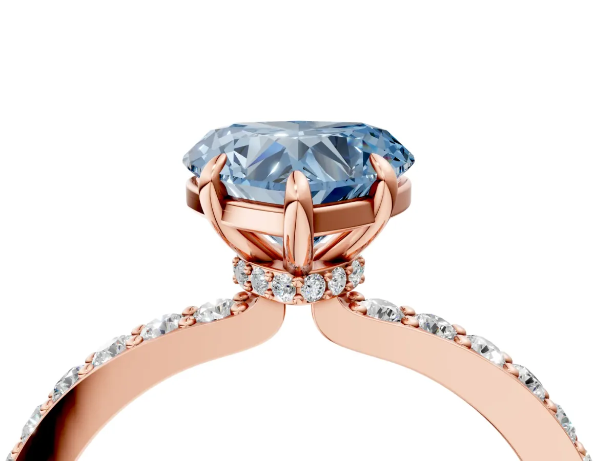 Fancy Blue Heart Cut Diamond Solitaire Engagement Ring with Pavé Band and Four-Prong Setting Rose gold