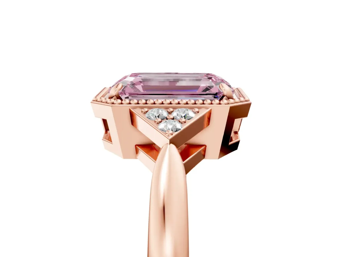 Fancy Pink Emerald Cut Diamond Halo Ring with Tapered Band and Four-Prong Setting Rose gold