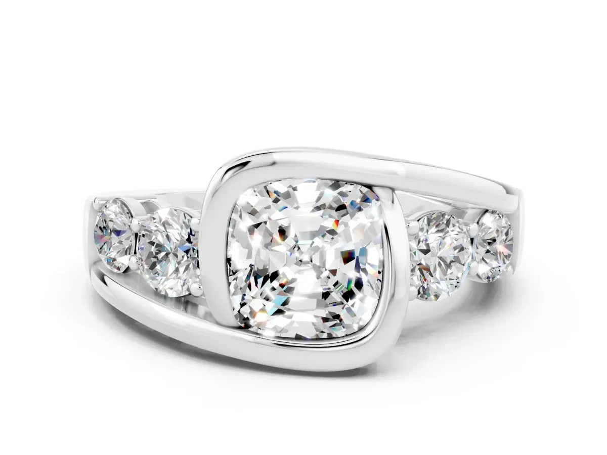Bezel Set Cushion Cut Moissanite Bypass Ring with Round Accents Silver