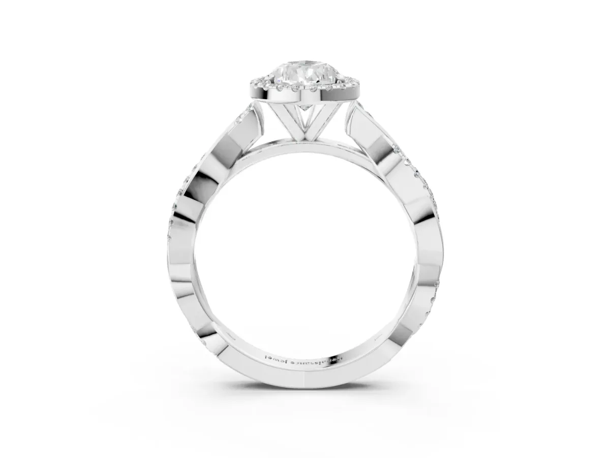 Pear Cut Cut Halo Twisted Band Four-Prong Ring Platinum