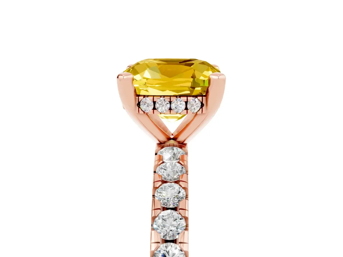 Cushion Cut Yellow Sapphire Solitaire Ring with Round Pavé Band and Four-Prong Setting Rose gold