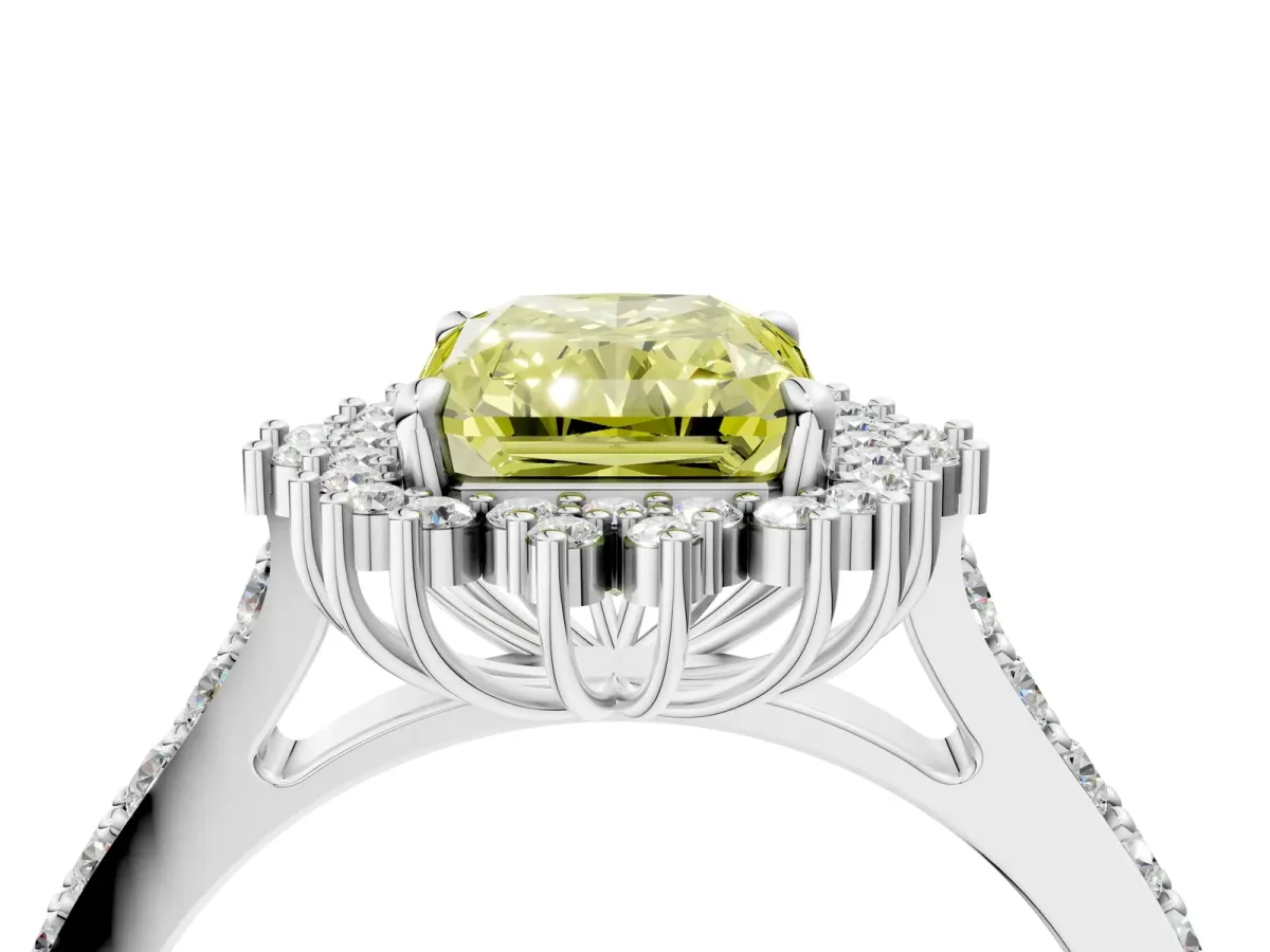 Fancy Yellow Radiant Cut Cut Diamond Sunburst Halo Engagement Ring with Pavé Band Platinum