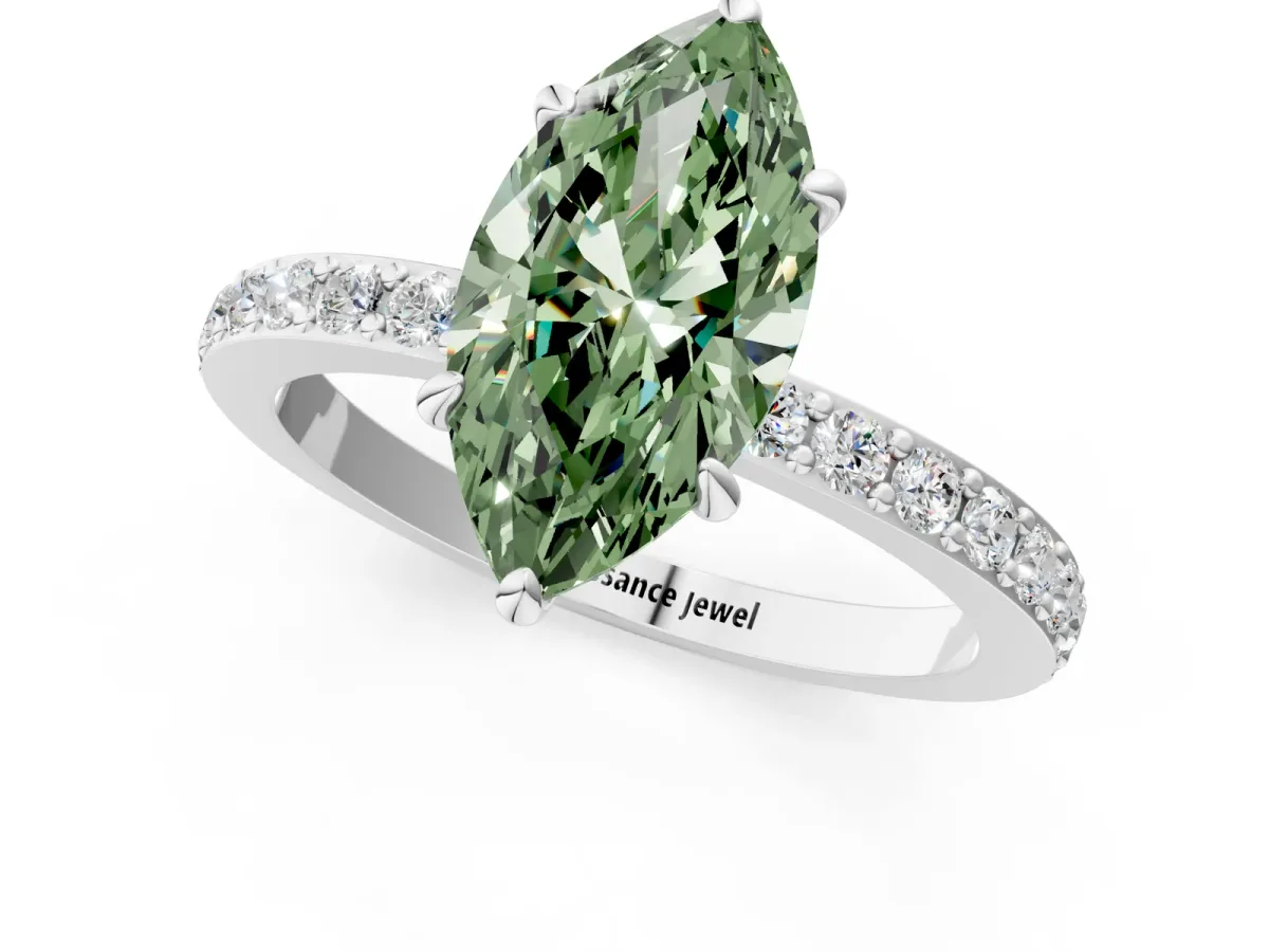Fancy Green Marquise Cut Diamond Solitaire Engagement Ring with Pavé Band and Four-Prong Setting White gold