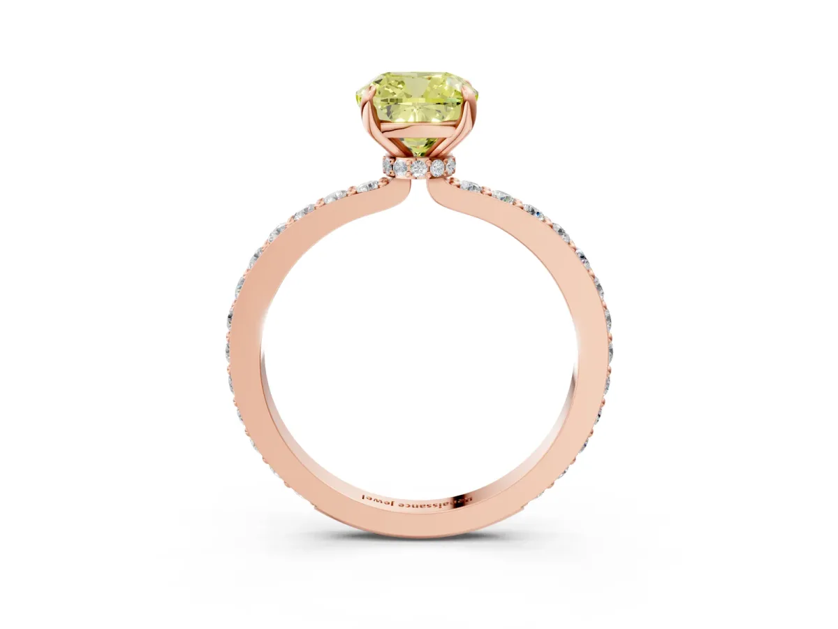 Fancy Yellow Cushion Cut Diamond Solitaire Engagement Ring with Pavé Band and Four-Prong Setting Rose gold