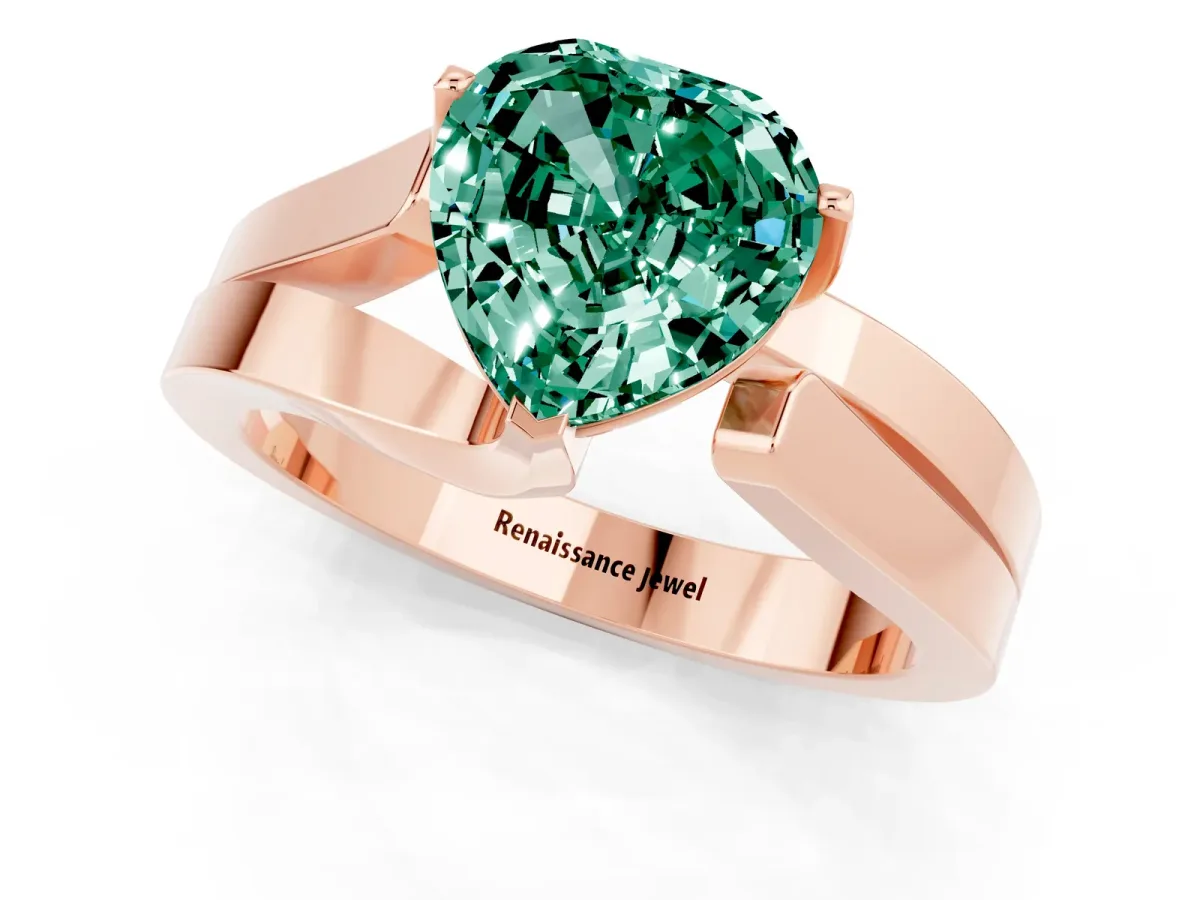 Modern Tension Set Heart Cut Green Sapphire Solitaire Wide Band Ring Rose gold