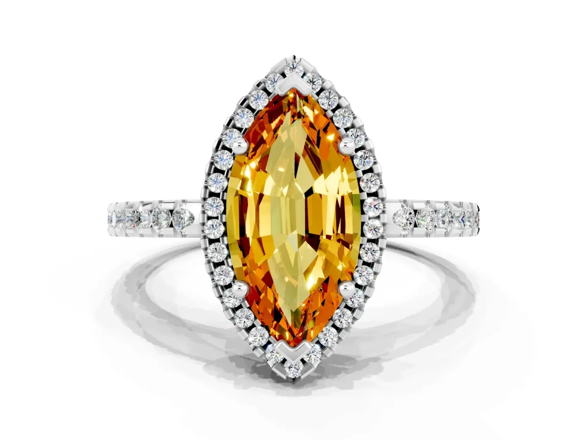 Marquise Cut Citrine Halo Engagement Ring with Pavé Band and Prong Setting White gold
