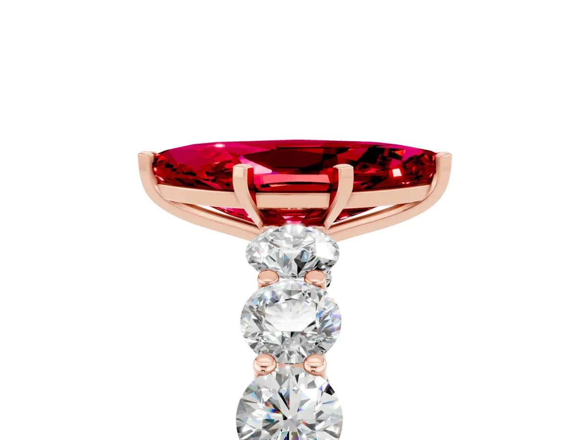 Marquise Cut Ruby Prong Setting with Side Stones on a Pave Band Rose gold