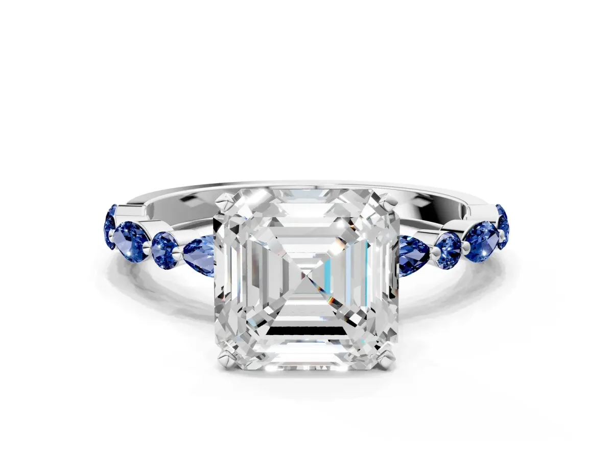 Asscher Cut Diamond Ring with Marquise and Round Blue Sapphire Side Stones and Four-Prong Setting White gold