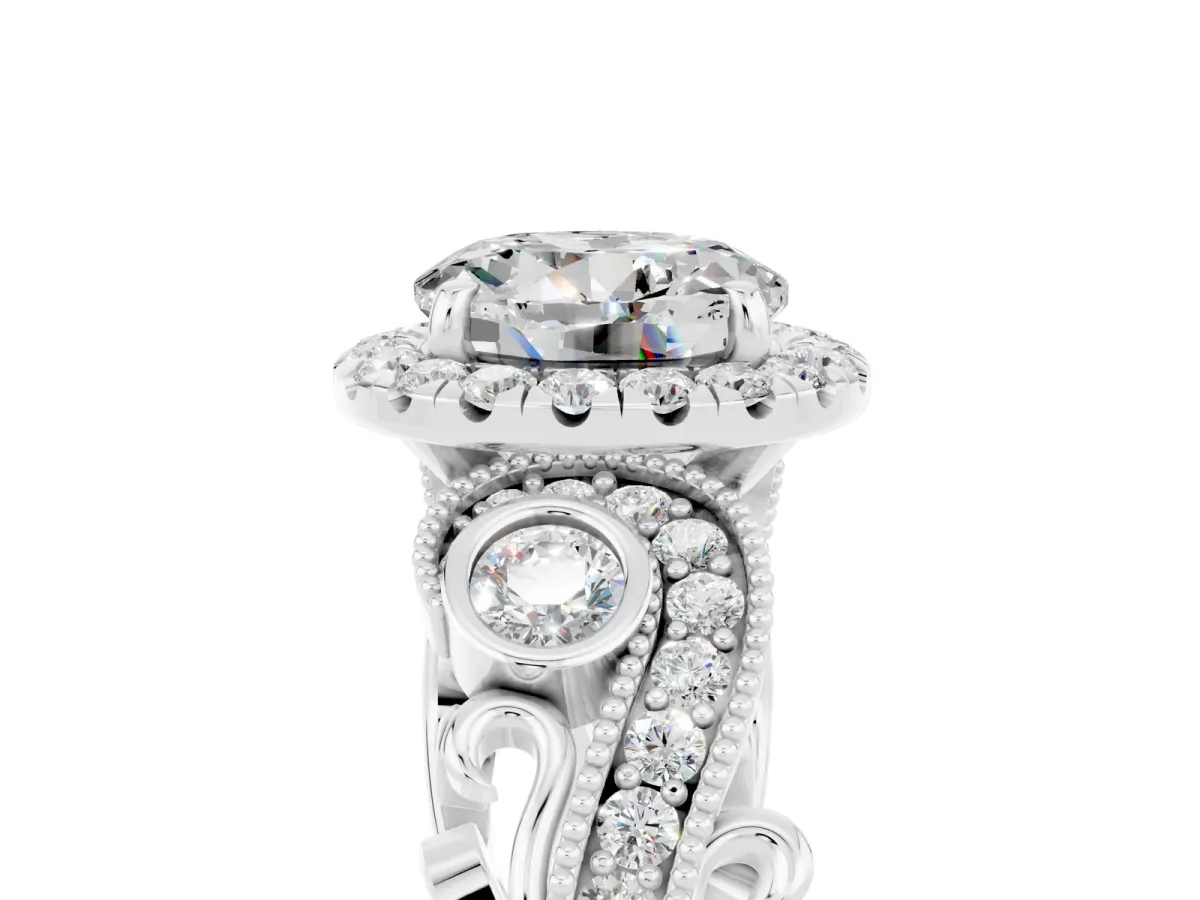 Round Cut Moissanite Halo Ring with Milgrain Pavé Band and Four-Prong Setting Platinum