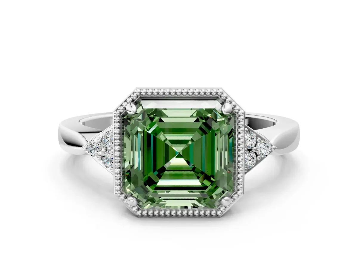 Fancy Green Asscher Cut Diamond Halo Ring with Tapered Band and Four-Prong Setting Platinum