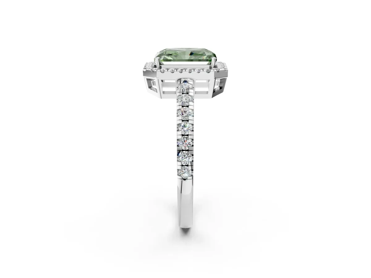 Fancy Green Radiant Cut Diamond Halo Ring with Pavé Band and Four-Prong Setting Platinum