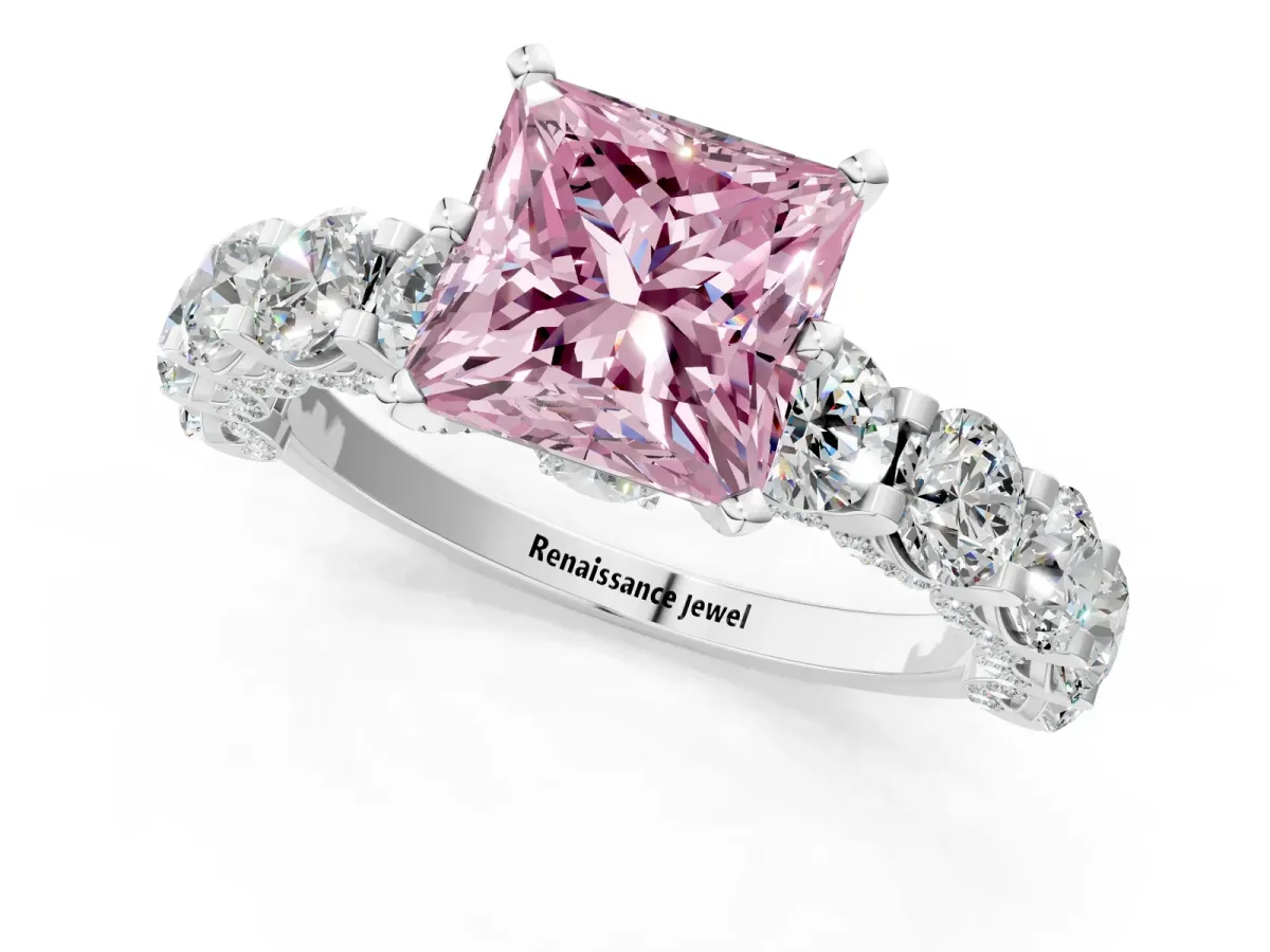 Fancy Pink Princess Cut Diamond Side Stone Engagement Ring with Four-Prong Setting White gold