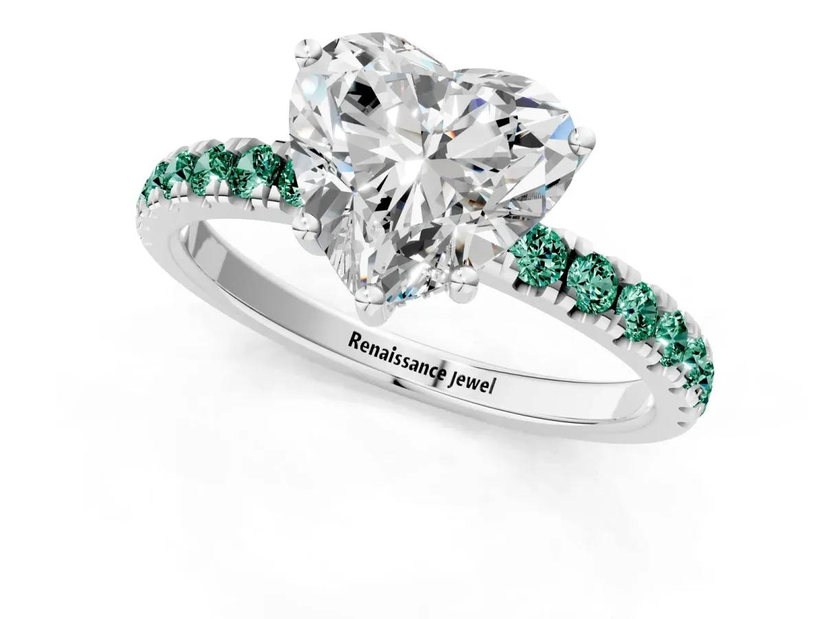 Heart Cut Diamond Pave Band Solitaire Ring with Round Green Sapphire and Prong Setting White gold