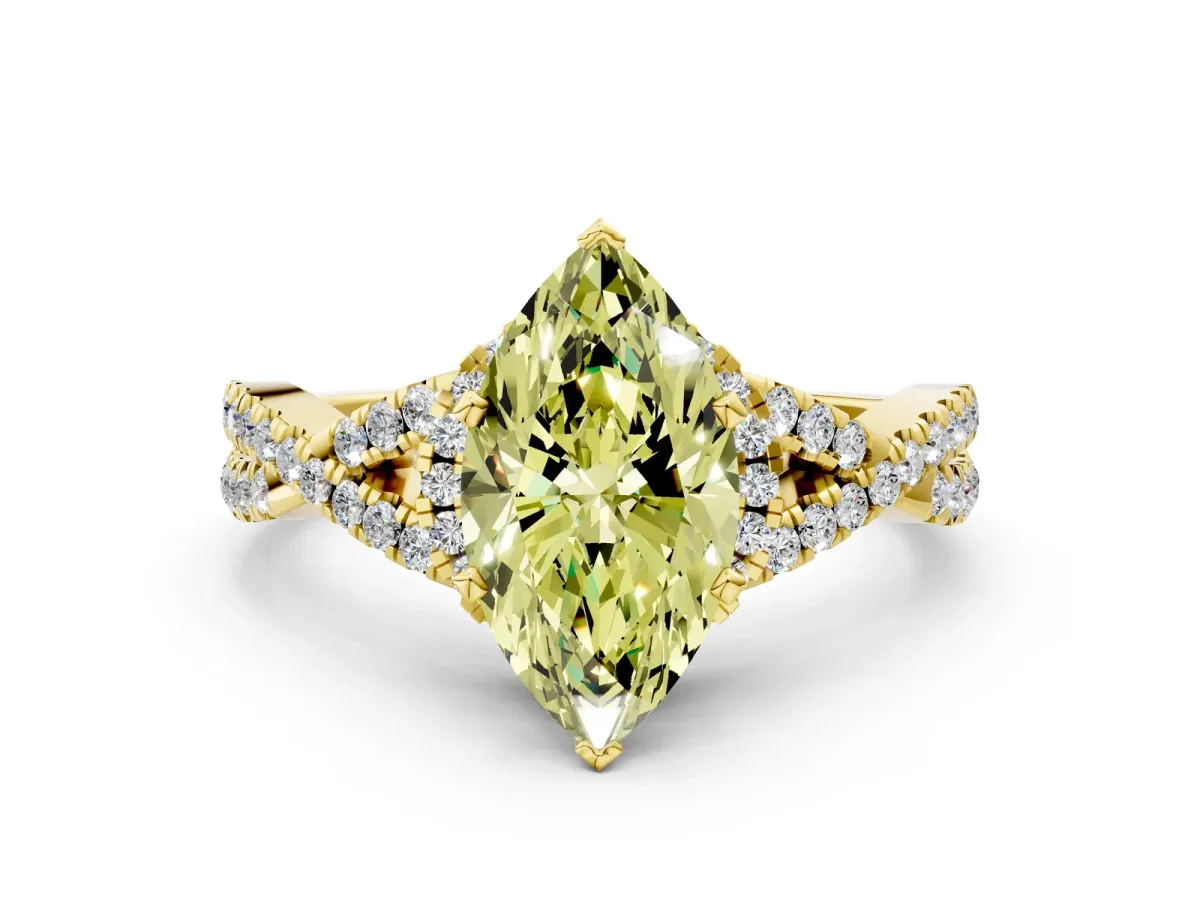 Fancy Yellow Marquise Cut Diamond Halo Twist Band Solitaire Prong Setting Ring Yellow gold
