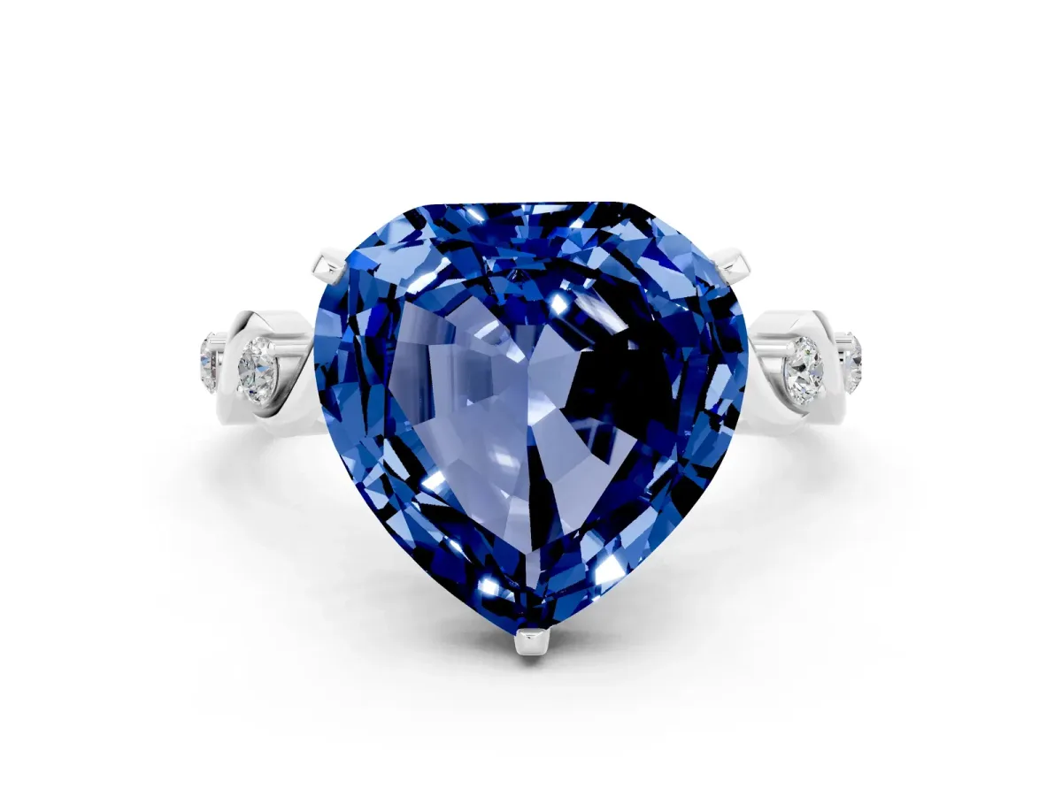 Heart Cut Blue Sapphire Solitaire Twisted Band with Round Accents and Prong Setting White gold
