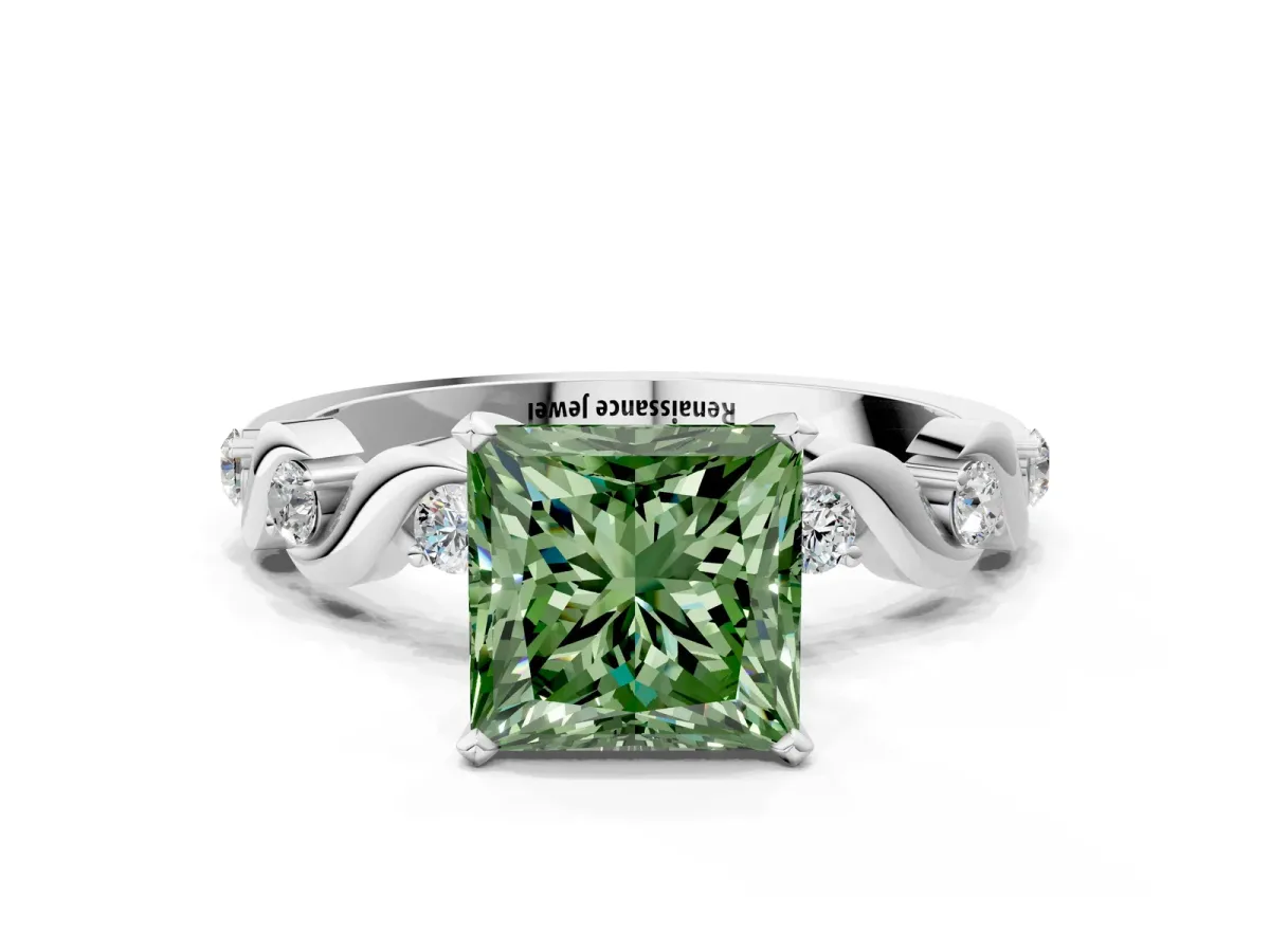 Fancy Green Princess Cut Diamond Solitaire Twisted Band with Round Accents and Prong Setting White gold