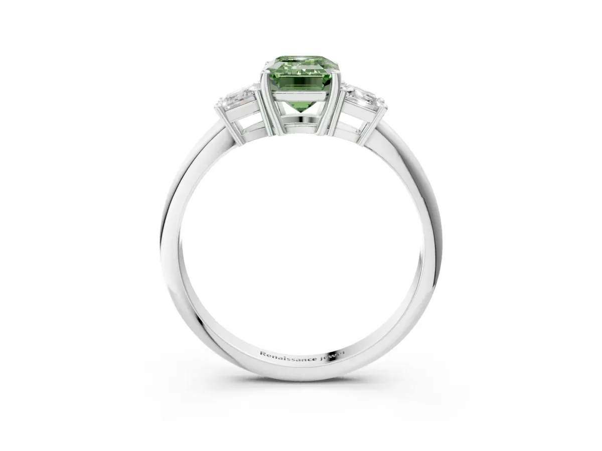 Fancy Green Emerald Cut Diamond Three-Stone Ring with Trapezoid Side Stones and Prong Setting White gold