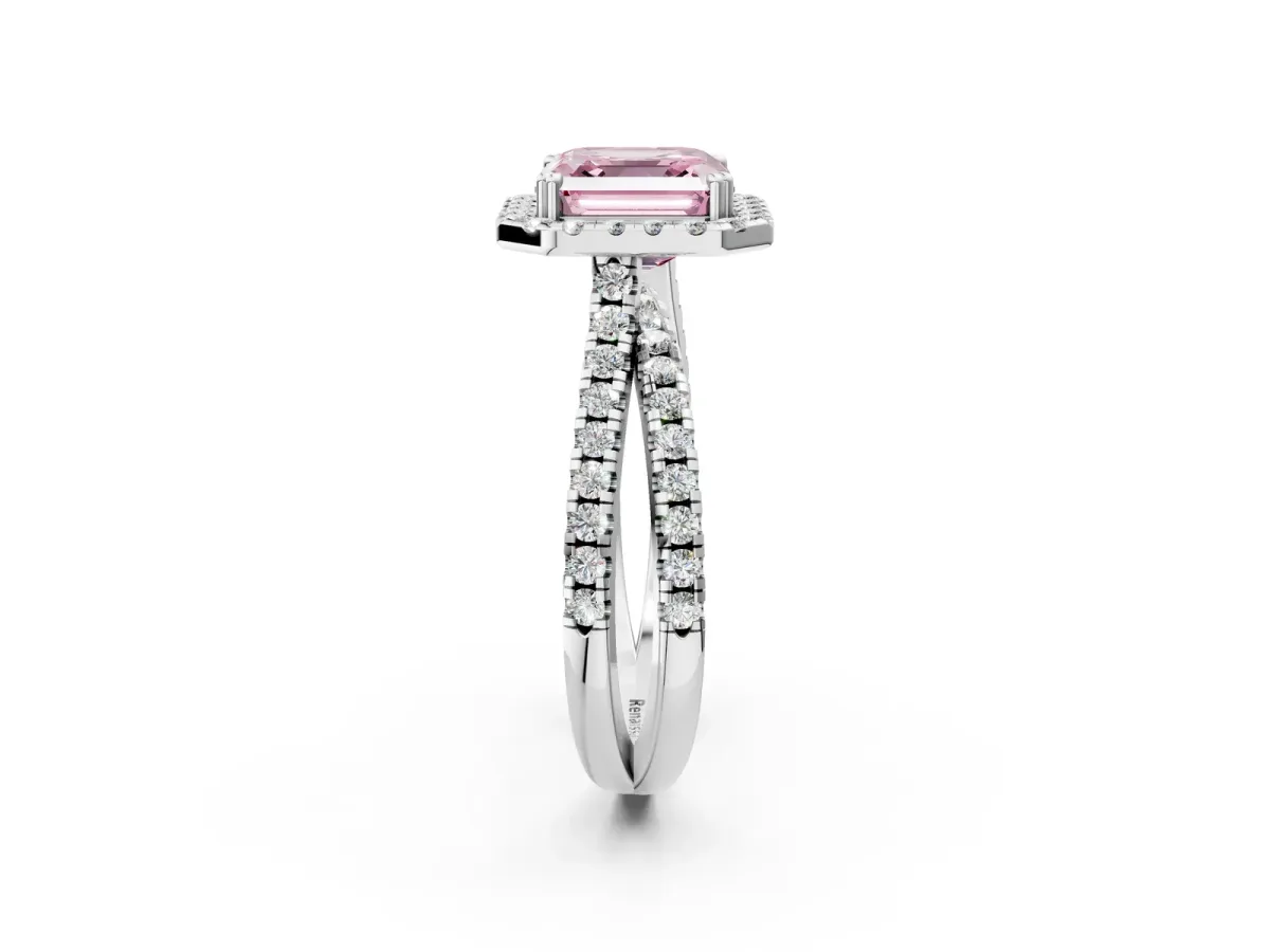 Fancy Pink Asscher Cut Halo Split Shank Diamond Ring with Pavé Setting Platinum
