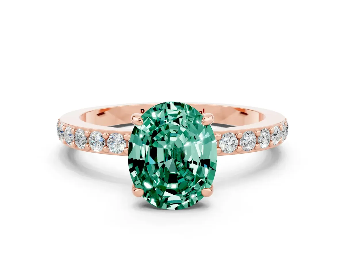 Oval Cut Green Sapphire Solitaire Engagement Ring with Pavé Band and Four-Prong Setting Rose gold