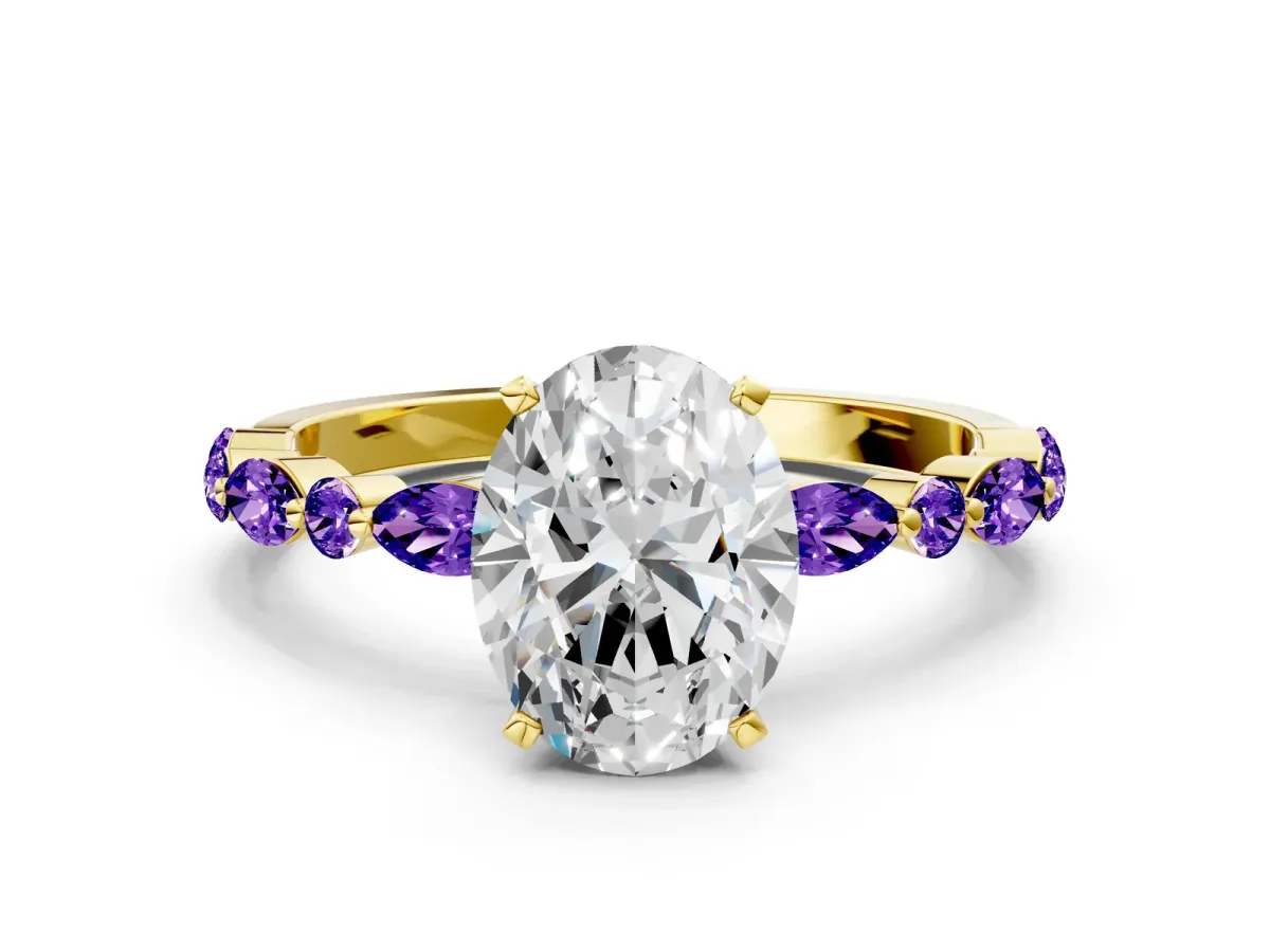 Oval Cut Diamond Ring with Marquise and Round Tanzanite Side Stones and Four-Prong Setting Yellow gold