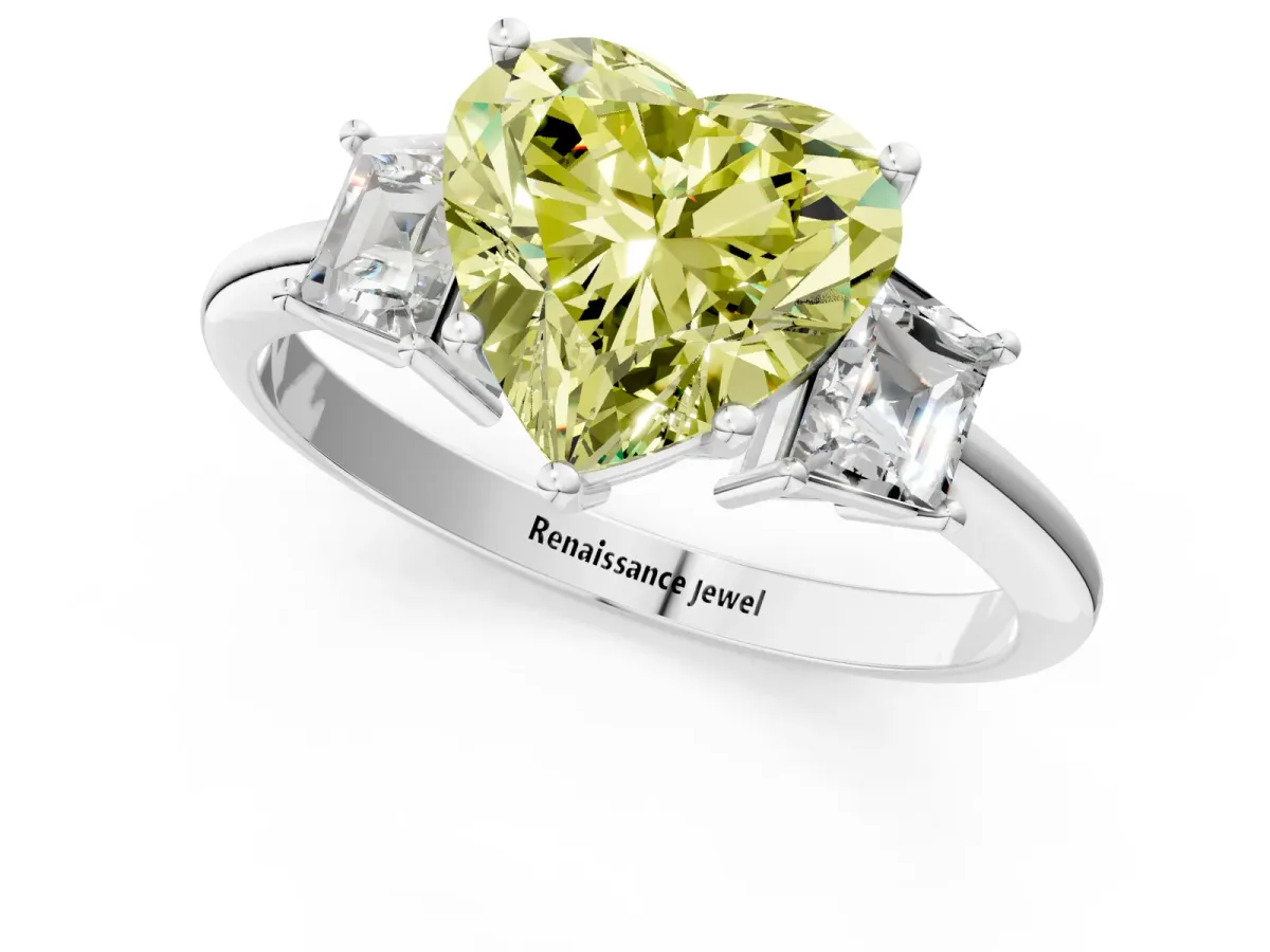 Fancy Yellow Heart Cut Diamond Three-Stone Ring with Trapezoid Side Stones and Prong Setting Silver