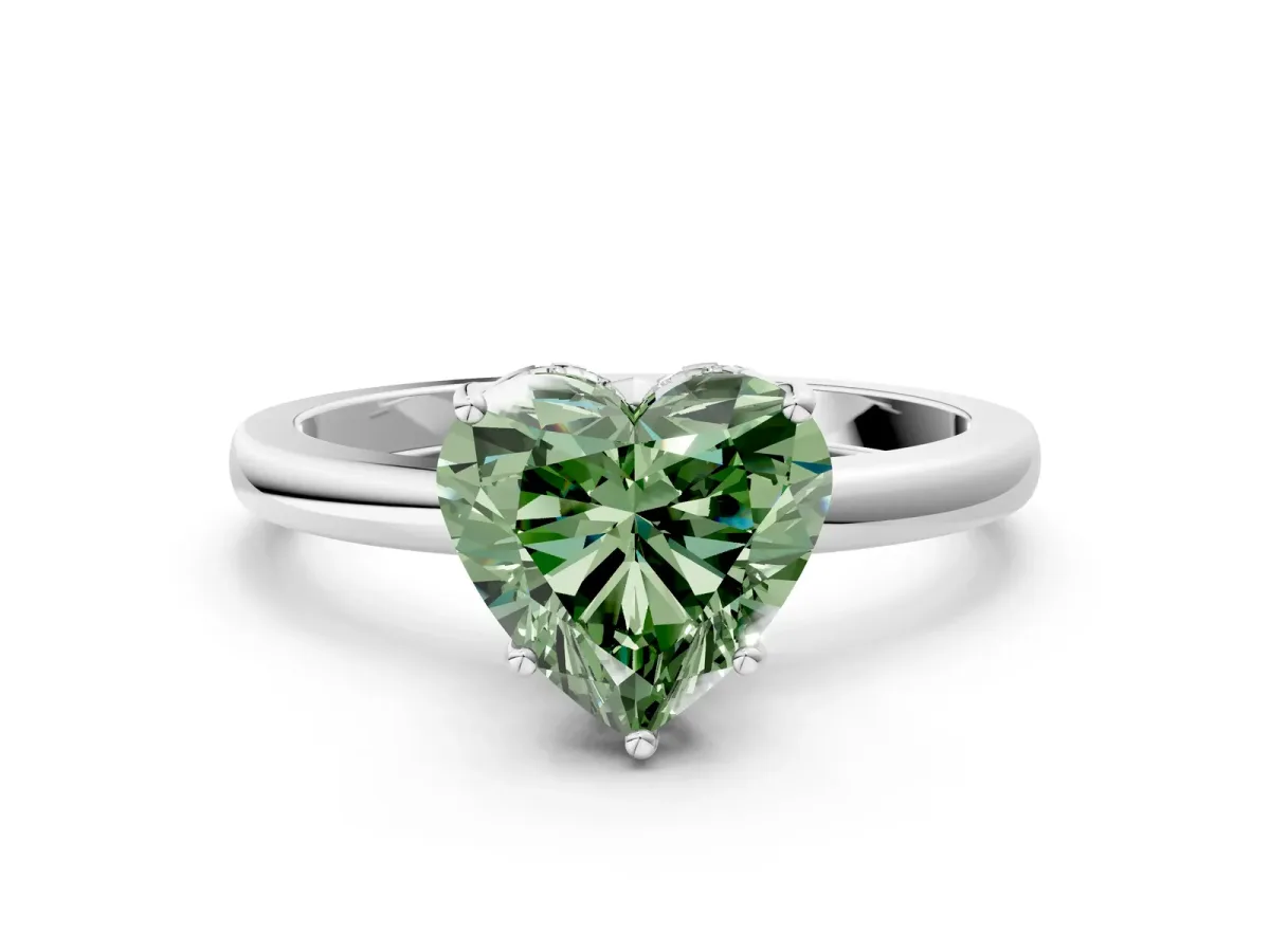 Fancy Green Heart Cut Solitaire Diamond Ring with Prong Setting and Plain Band Silver