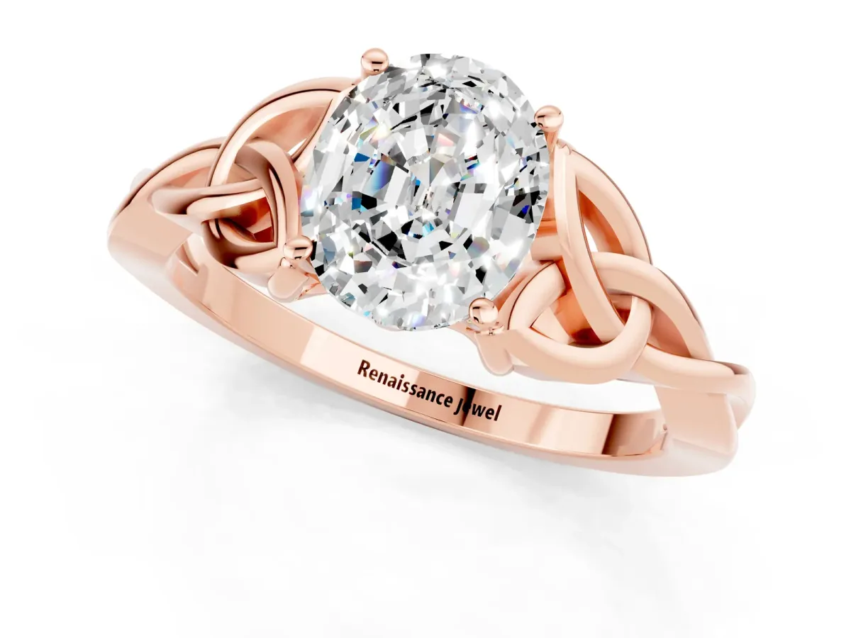 Oval Cut Moissanite Solitaire Engagement Ring with Celtic Knot Band and Four-Prong Setting Rose gold