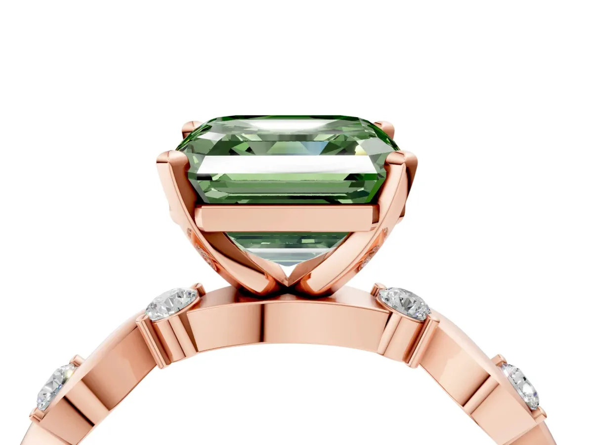 Fancy Green Asscher Cut Diamond Solitaire Twisted Band with Round Accents and Prong Setting Rose gold