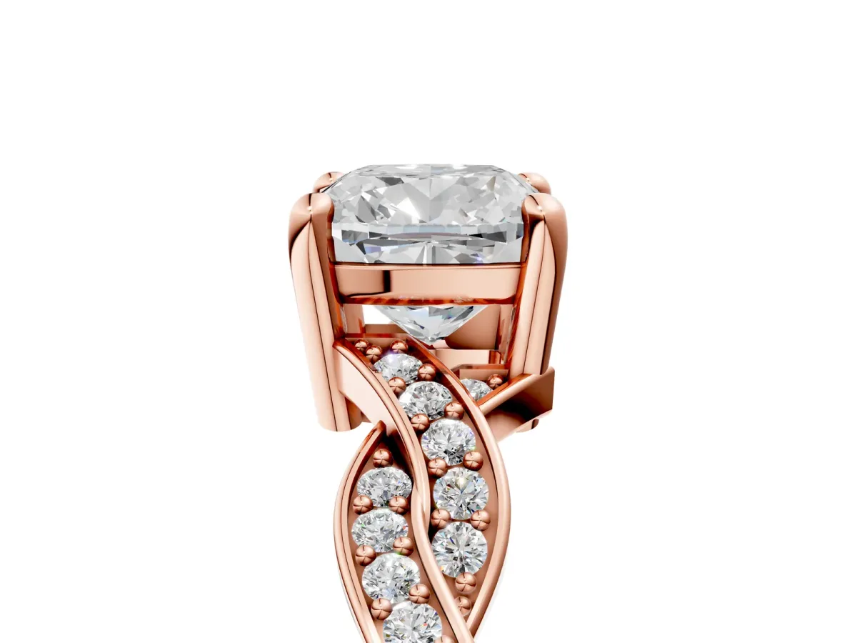 Cushion Cut Cut Twisted Pavé Band Solitaire Ring with Four-Prong Setting Rose gold