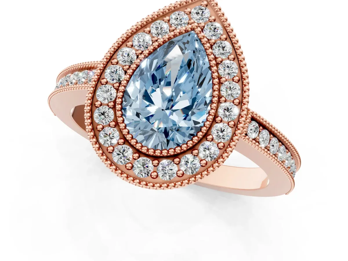 Fancy Blue Pear Cut Cut Halo Diamond Ring with Pavé Band and Milgrain Prong Setting Rose gold