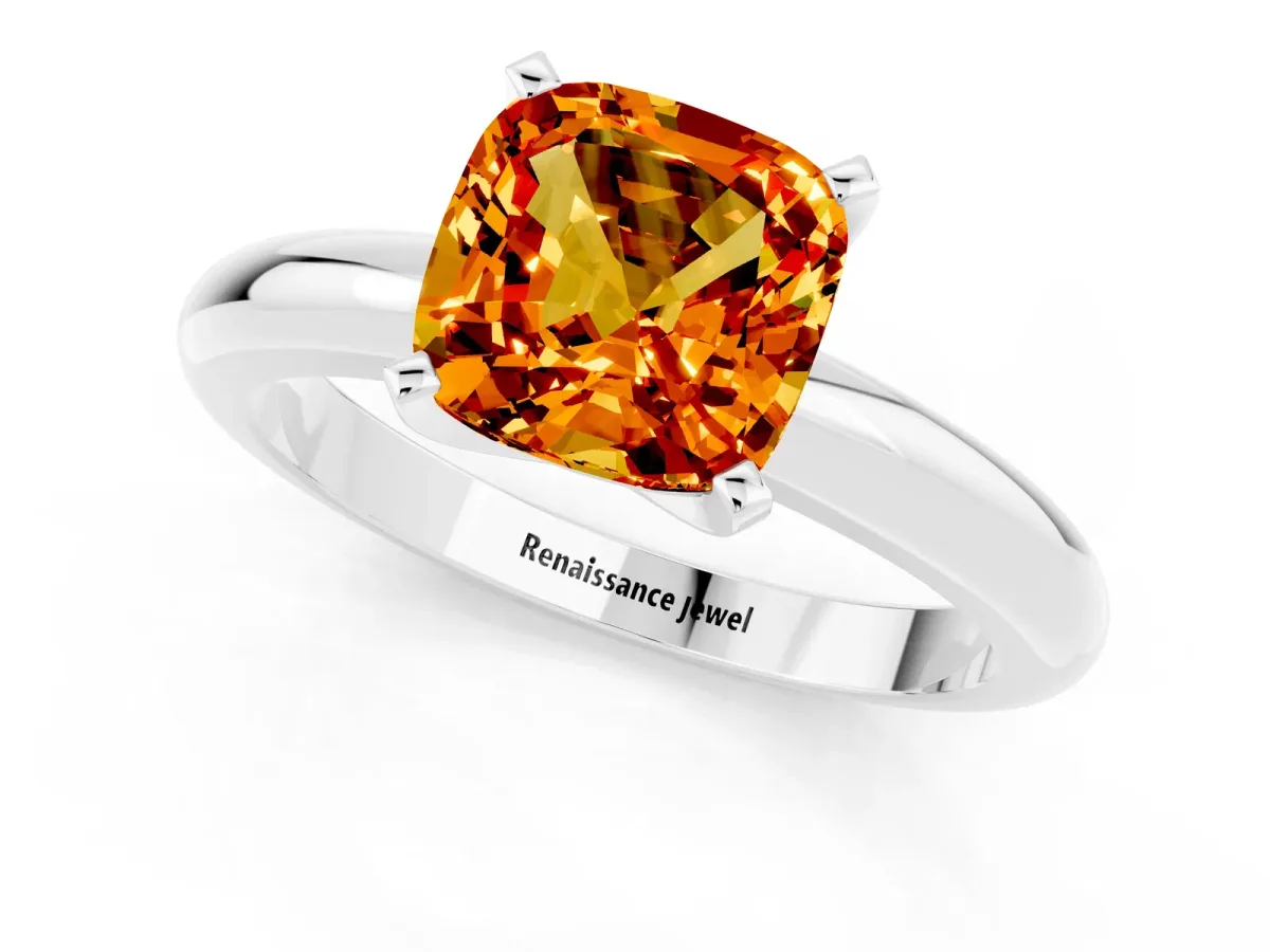 Cushion Cut Citrine Solitaire Engagement Ring with Round Band and Four-Prong Setting White gold