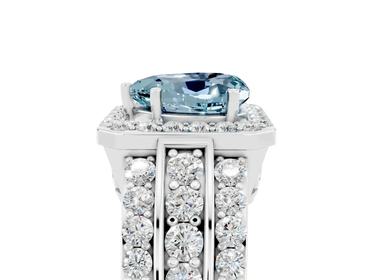 Heart Cut Halo Aquamarine Ring with Round Split Shank and Prong Setting White gold