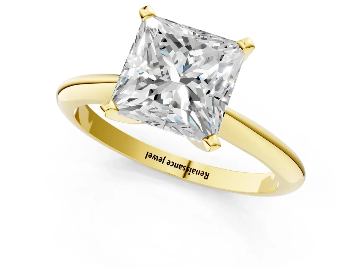 Princess Cut Diamond Solitaire Engagement Ring with Classic Band and Four-Prong Setting Yellow gold